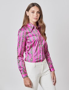 Women's Pink & Green Hearts and Chains Print Vintage Collar Fitted Satin Shirt - Single Cuff