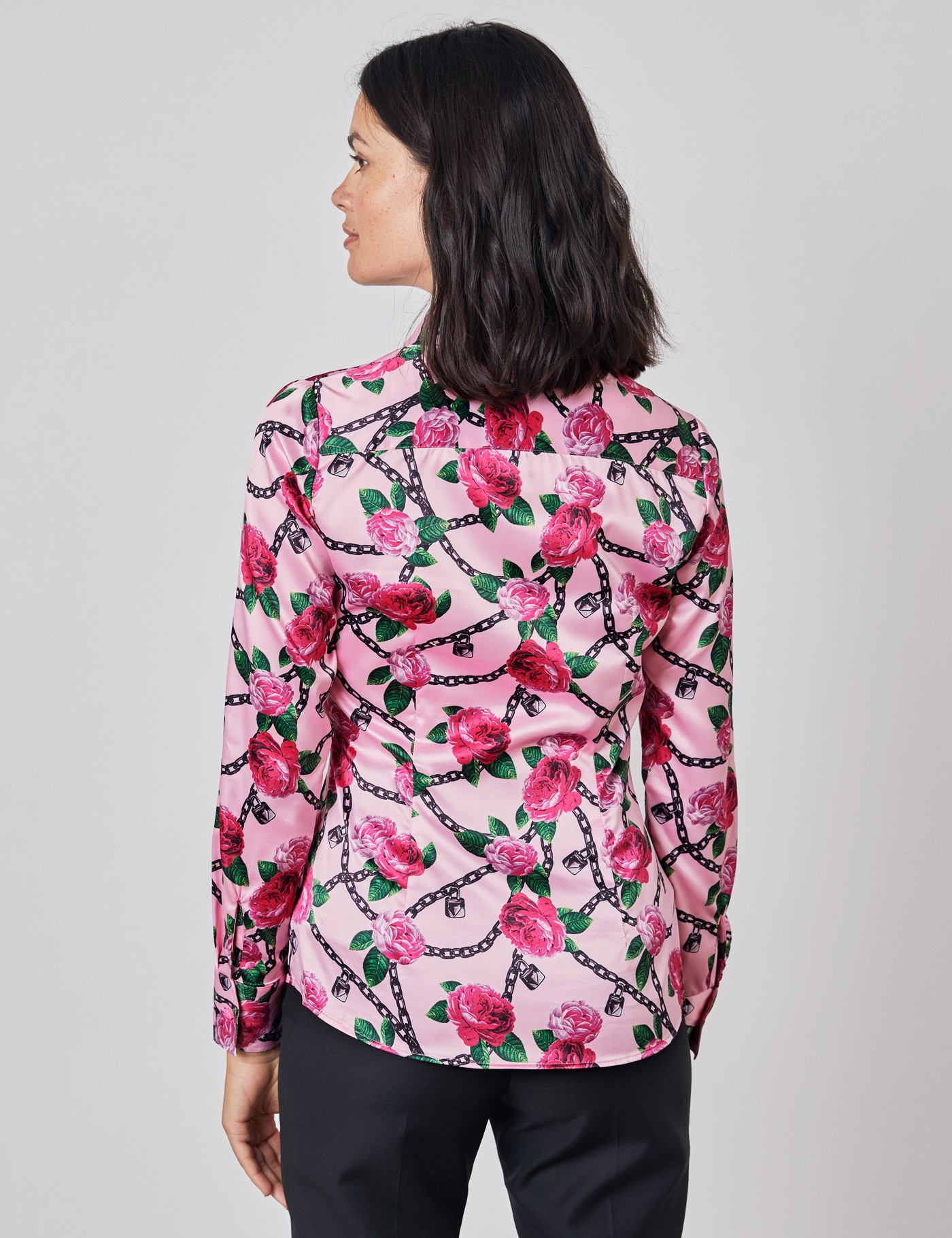 Satin Womens Fitted Shirt With Padlocks And Roses Print And Vintage Collar Pink And Black 2776