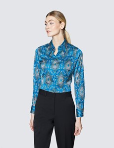 Women’s Blue & Brown Paisley Print Vintage Collar Satin Fitted Blouse