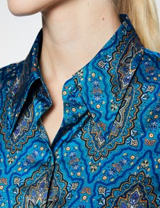 Women’s Blue & Brown Paisley Print Vintage Collar Satin Fitted Blouse