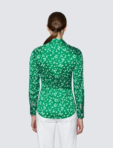 Women’s Green & White Daisy Print Vintage Collar Satin Fitted Blouse