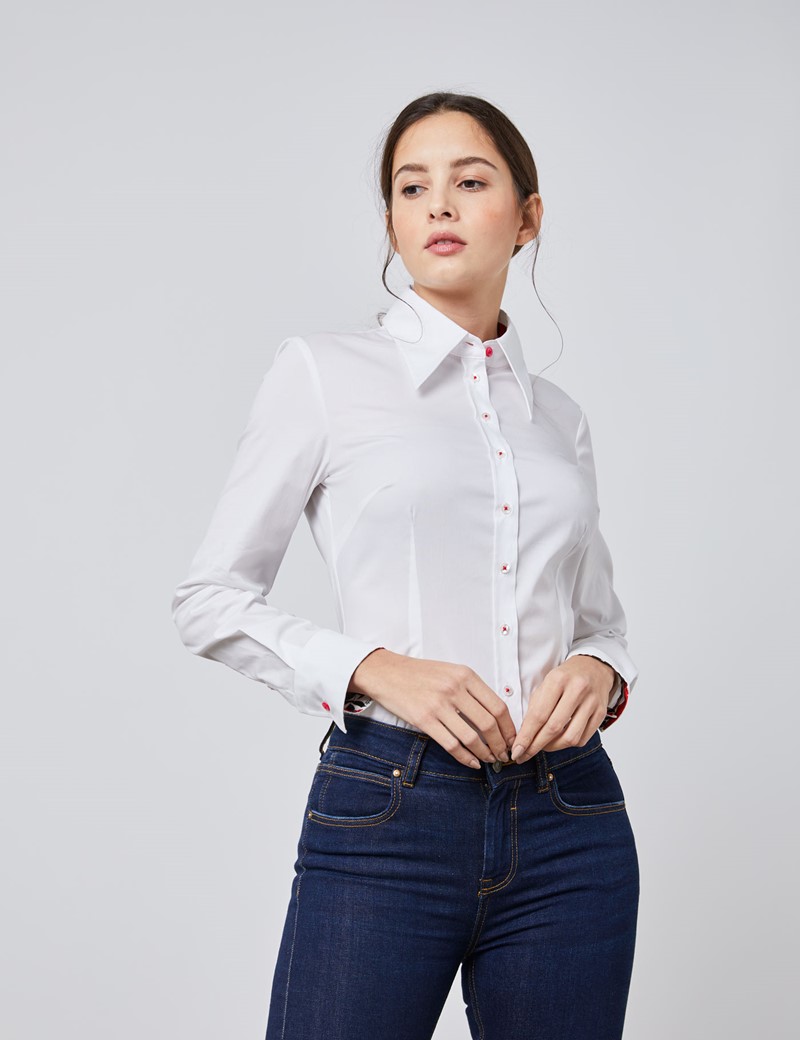 Women's White Cotton Stretch Fitted Shirt With Contrast Detail - Single ...