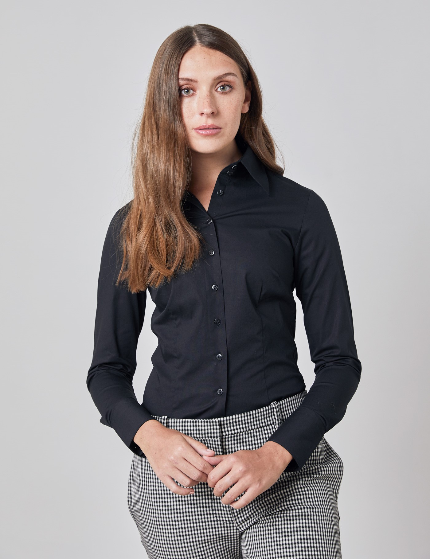 Easy Iron Cotton Stretch Plain Women S Fitted Shirt With High Long Collar And Single Cuff In