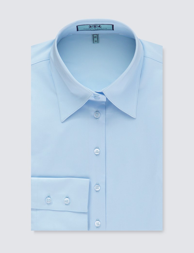 Women's Ice Blue Fitted Shirt with High Long Collar - Single Cuffs 