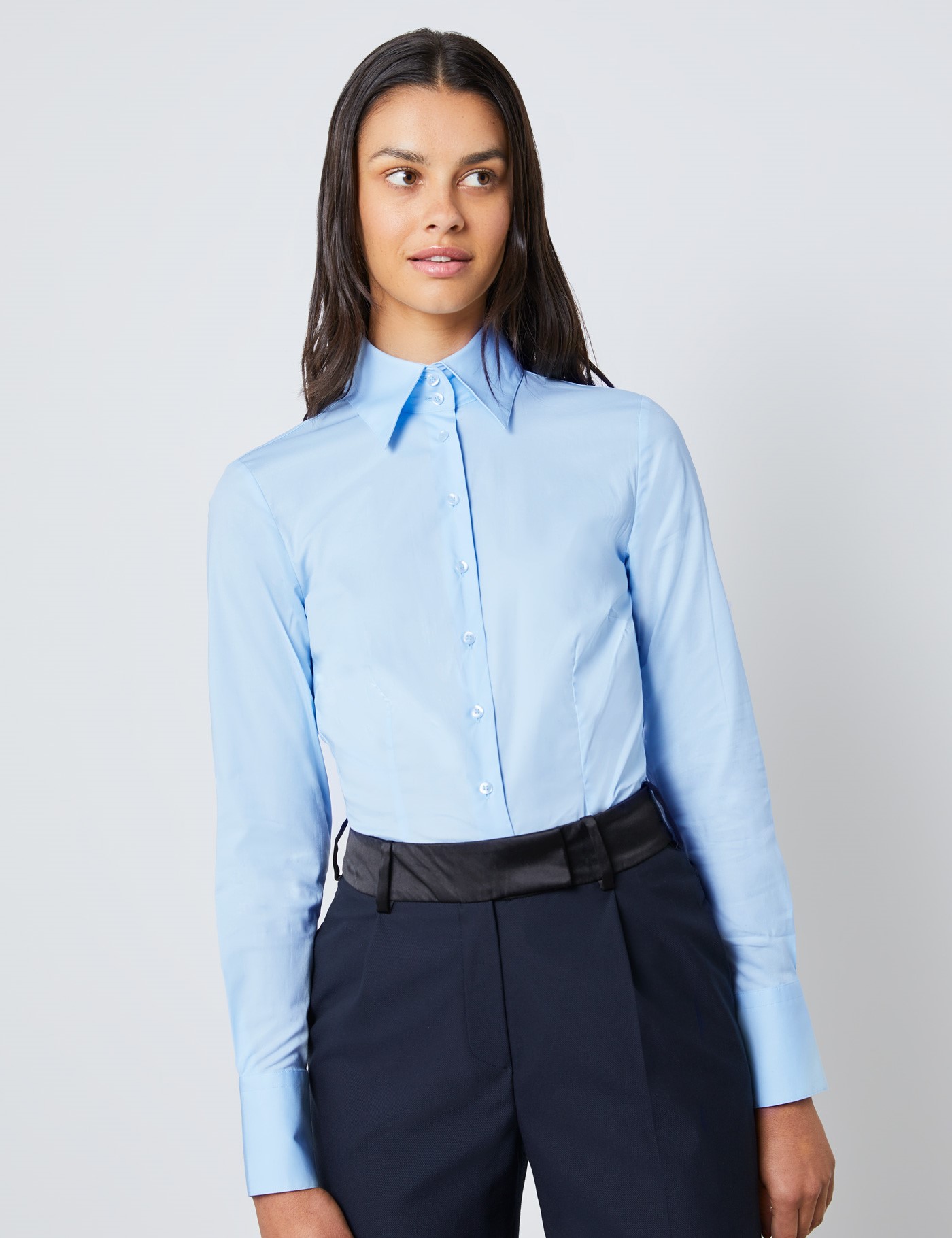 Women's Ice Blue Fitted Shirt with High Long Collar - Single Cuffs