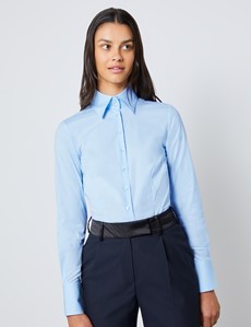 Women's Ice Blue Fitted Shirt with High Long Collar - Single Cuff 