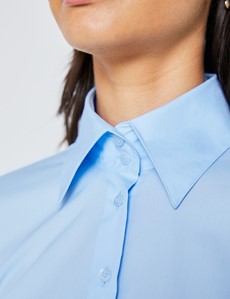 Women's Ice Blue Fitted Shirt with High Long Collar - Single Cuffs 