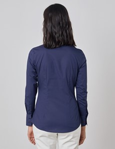 Women's Navy Fitted Shirt with High Long Collar - Single Cuff 