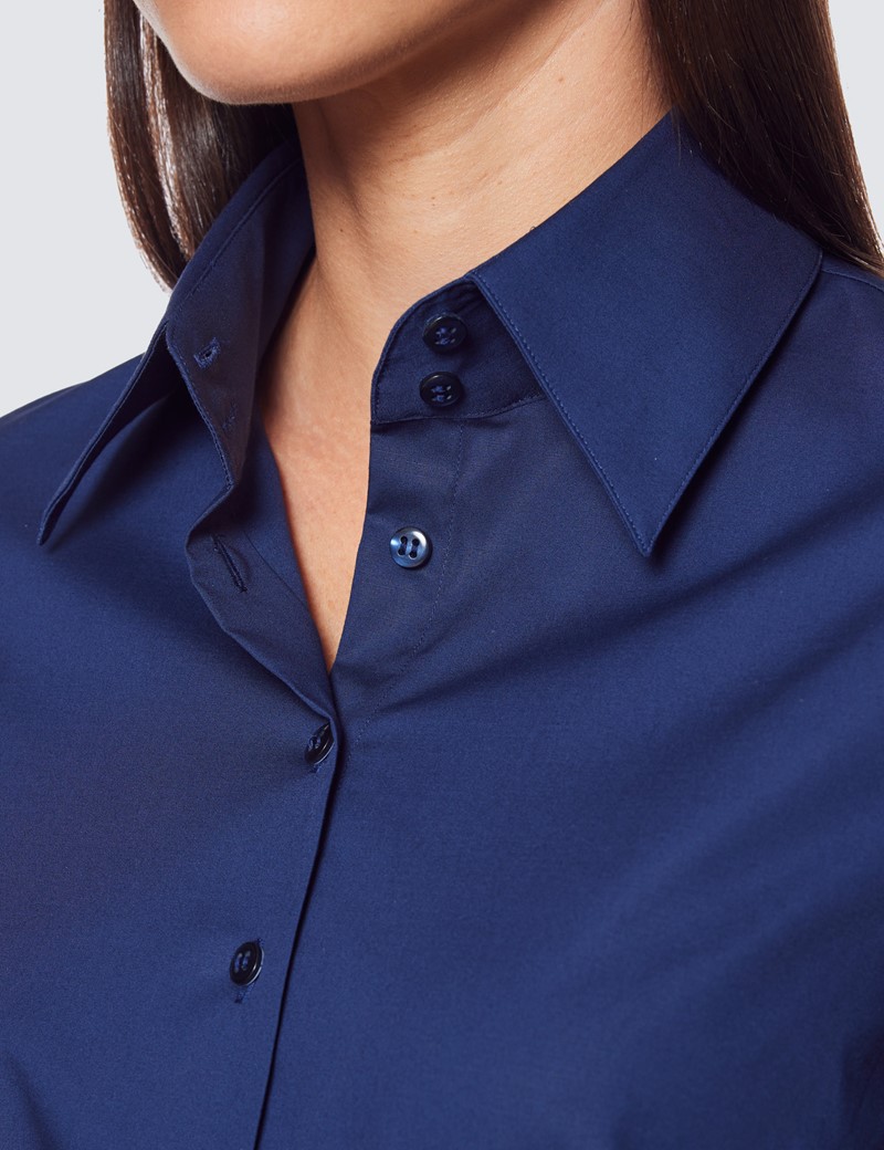 Women's Navy Fitted Shirt with High Long Collar - Single Cuff