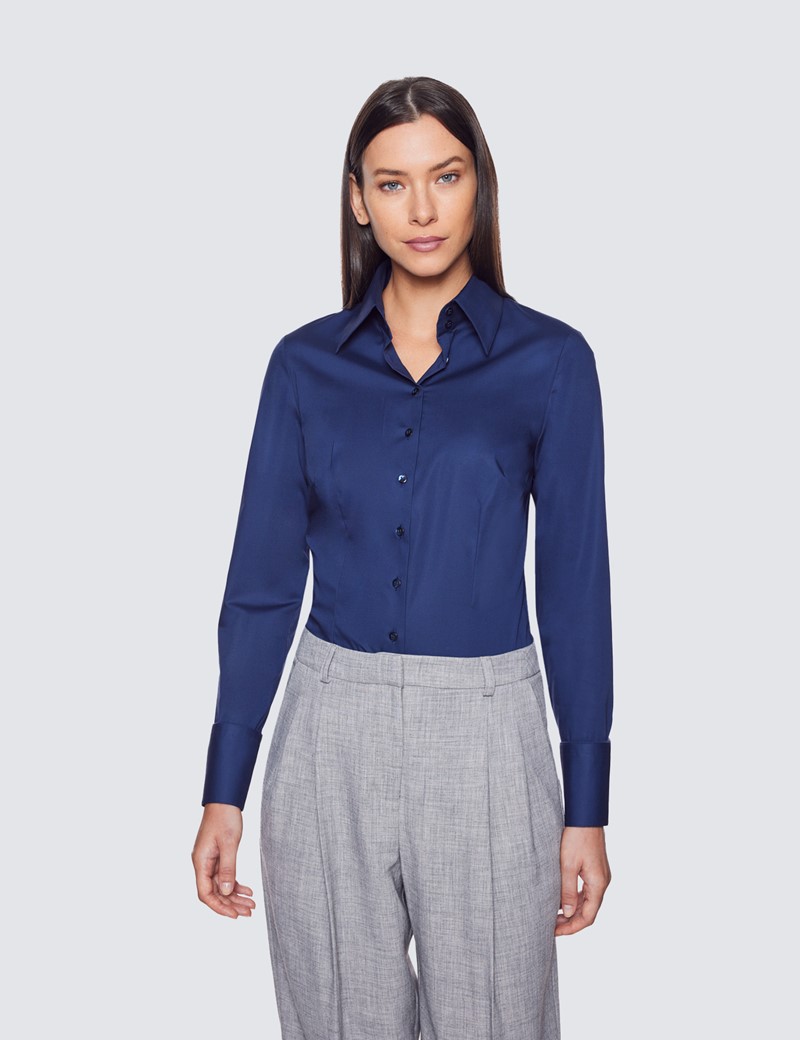 Women's Navy Fitted Shirt with High Long Collar - Single Cuff 
