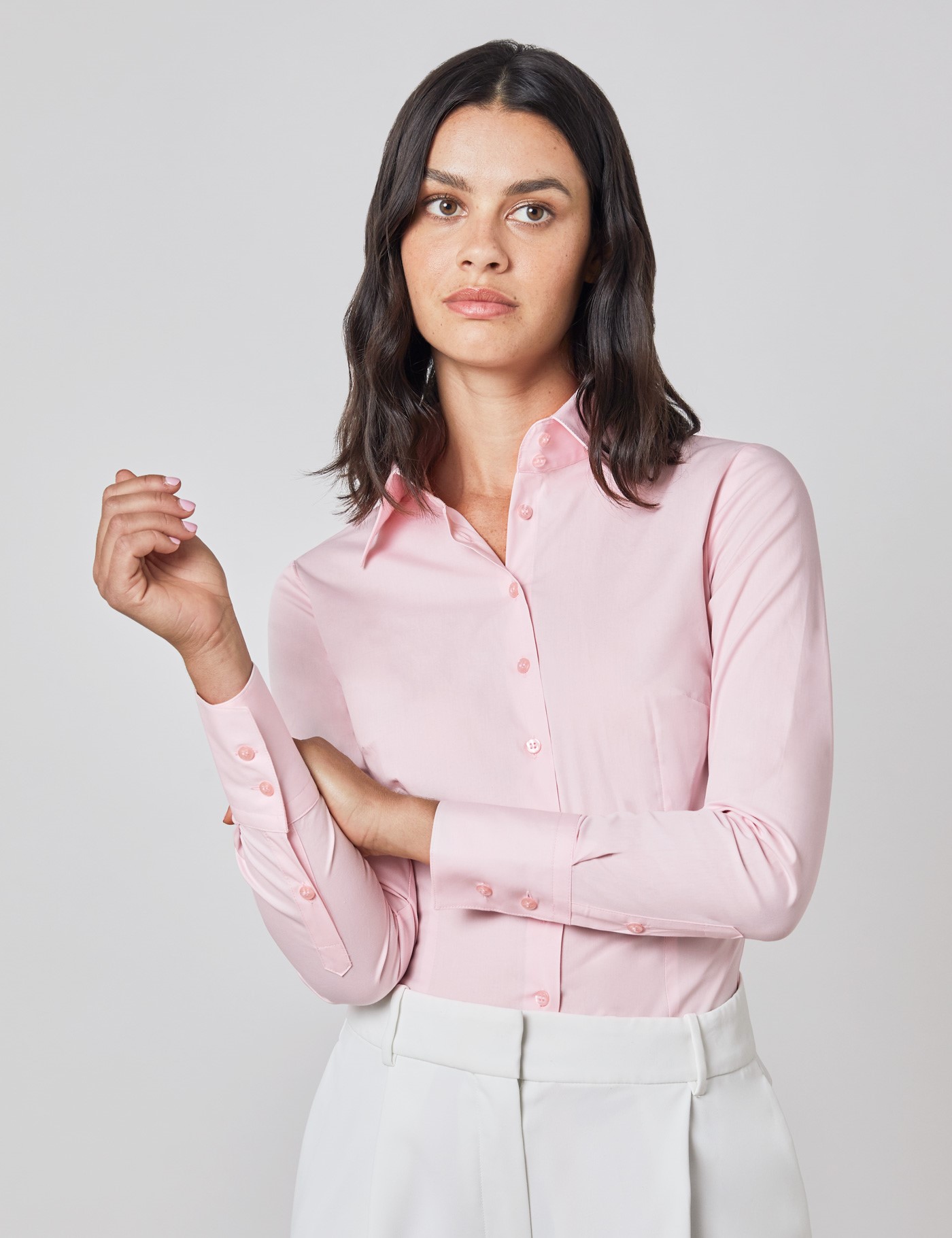 Women's Fitted Shirt with High Long Collar and Single Cuff in Light ...