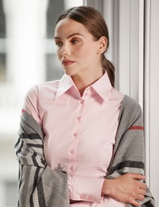 Women's Light Pink Fitted Shirt with High Long Collar - Single Cuff 