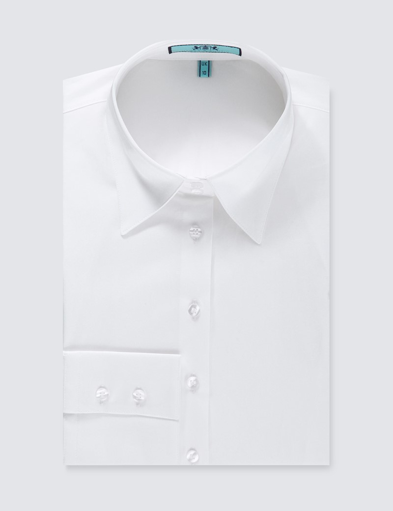 Women's White Fitted Shirt with High Long Collar - Single Cuff 