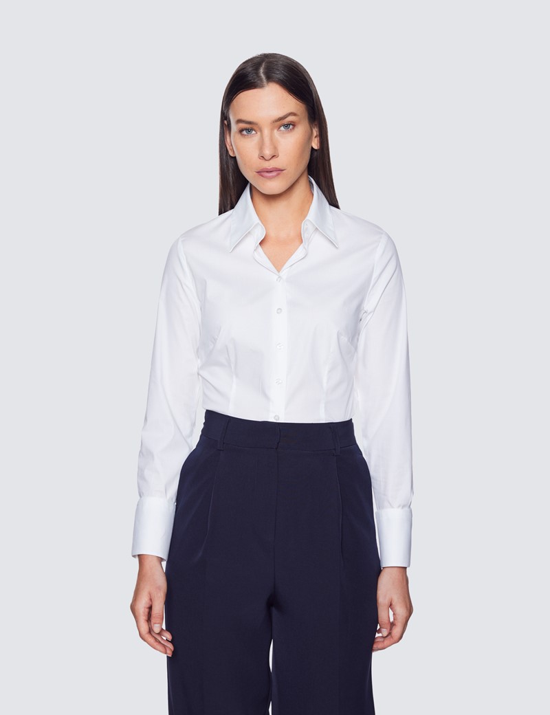 Women's White Fitted Shirt with High Two Button Collar - Single Cuff 