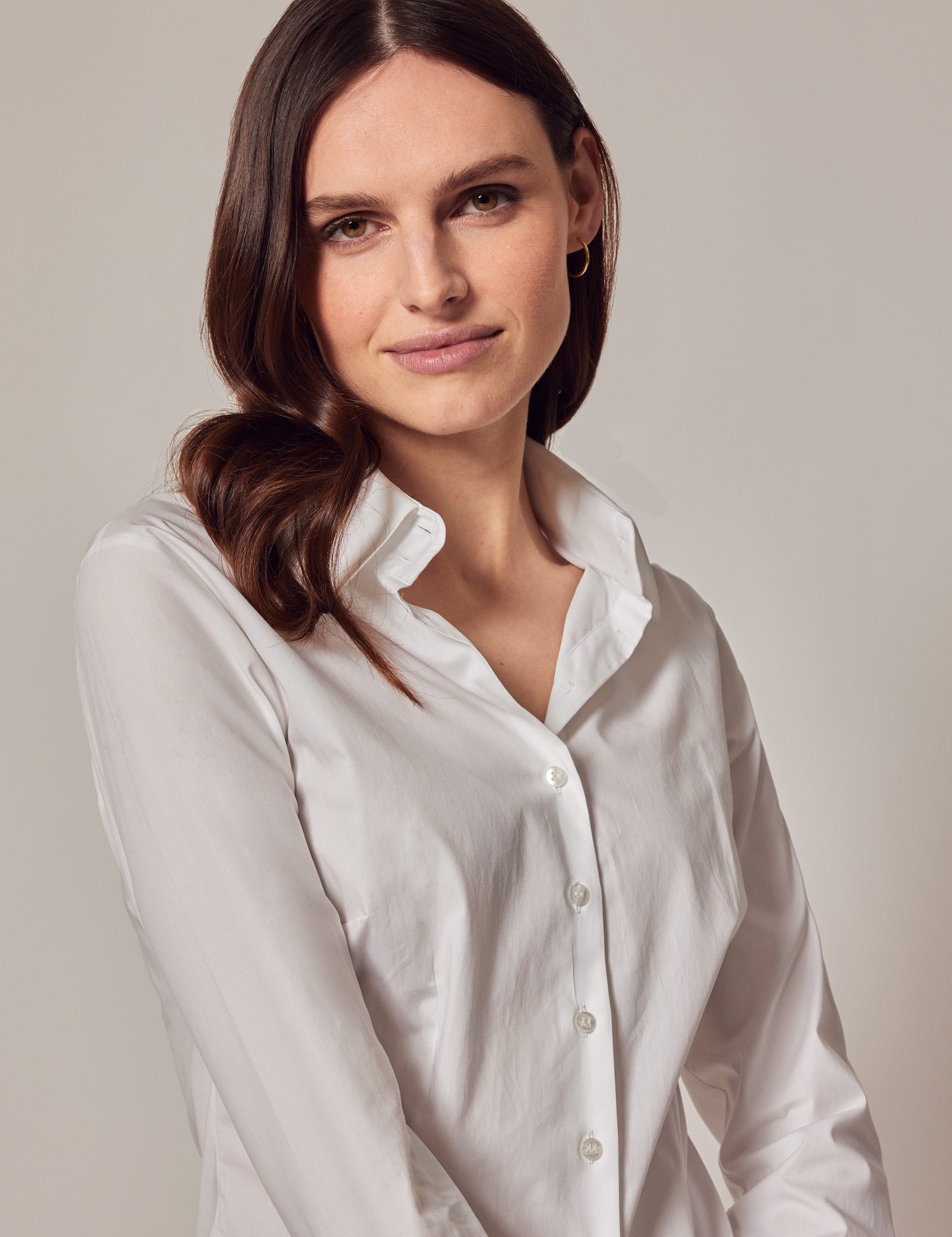 Women's White Fitted Shirt with High Two Button Collar