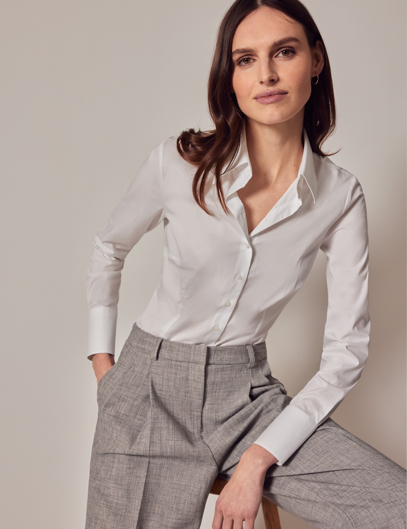 Women's White Fitted Shirt with High Two Button Collar