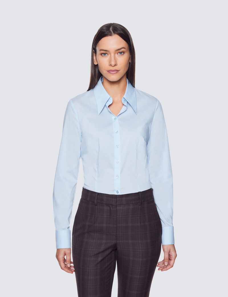 Women's Light Blue Fitted Cotton Blend Shirt with Vintage High Collar ...
