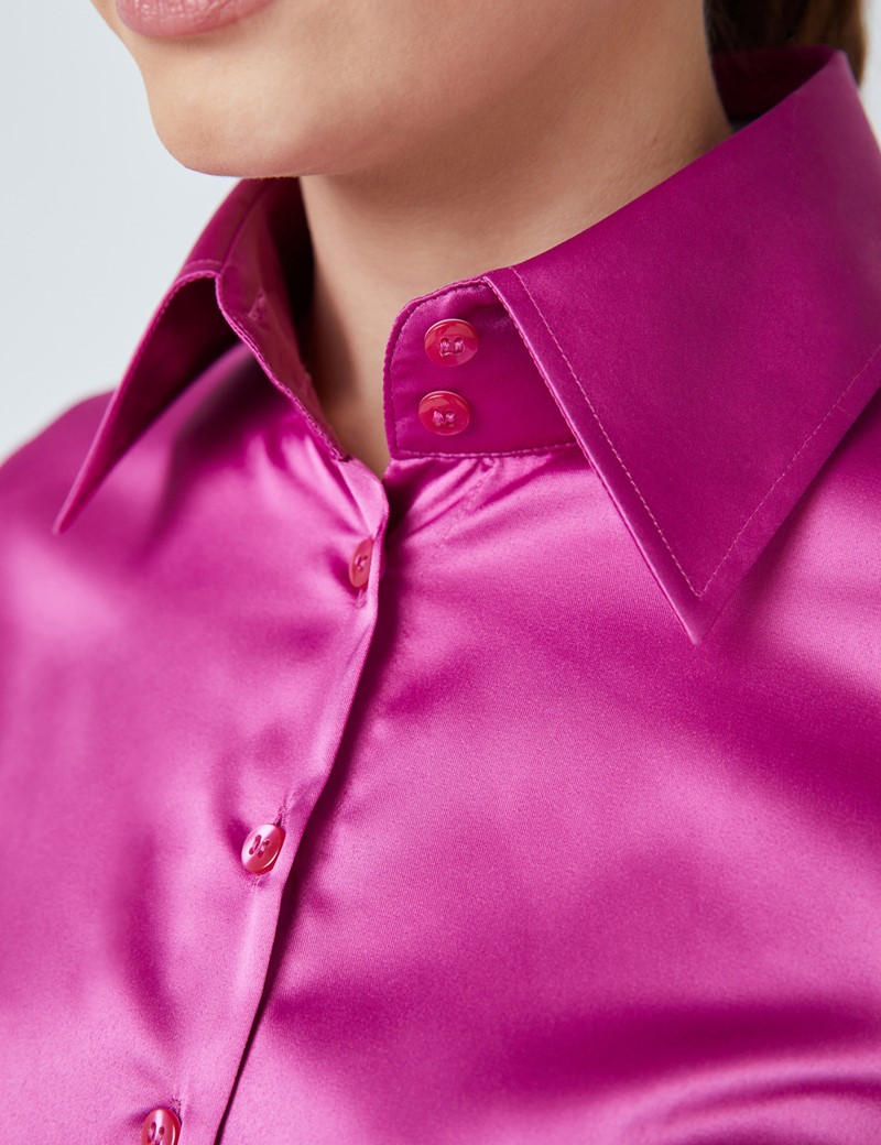 Women's Magenta Fitted Satin Vintage Collar Shirt - Single Cuff