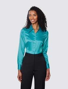 Women’s Aqua Vintage Collar Satin Fitted Blouse