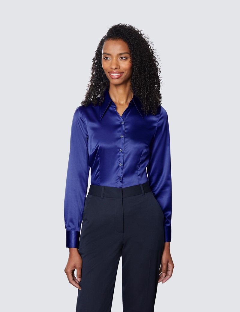 Women’s Royal Blue Vintage Collar Satin Fitted Blouse