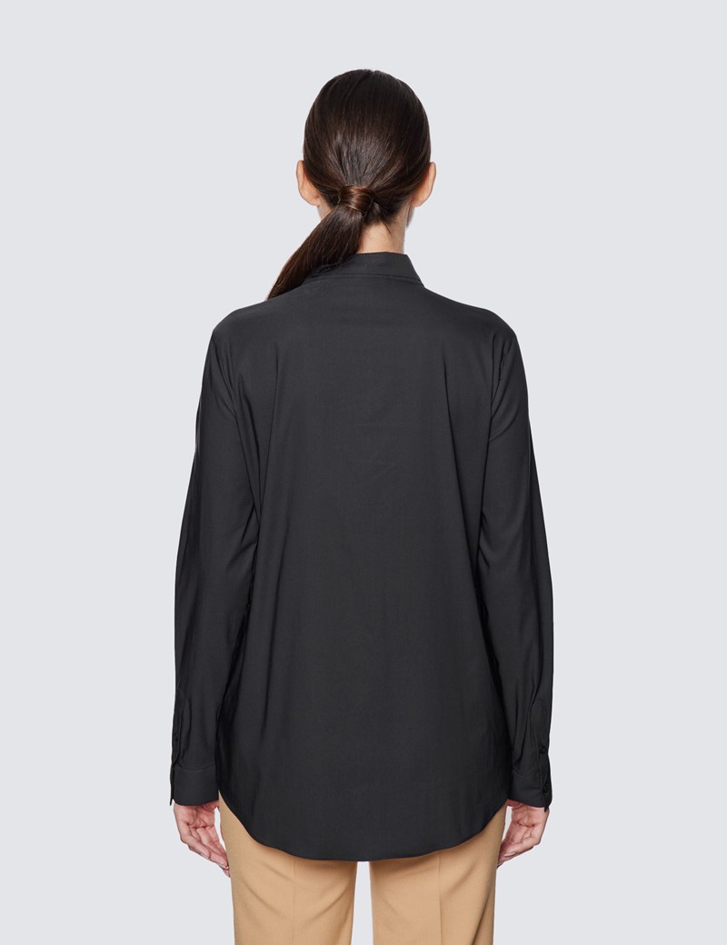 Women's Black Relaxed Fit Luxury Cotton Nylon Shirt With Tie Detail