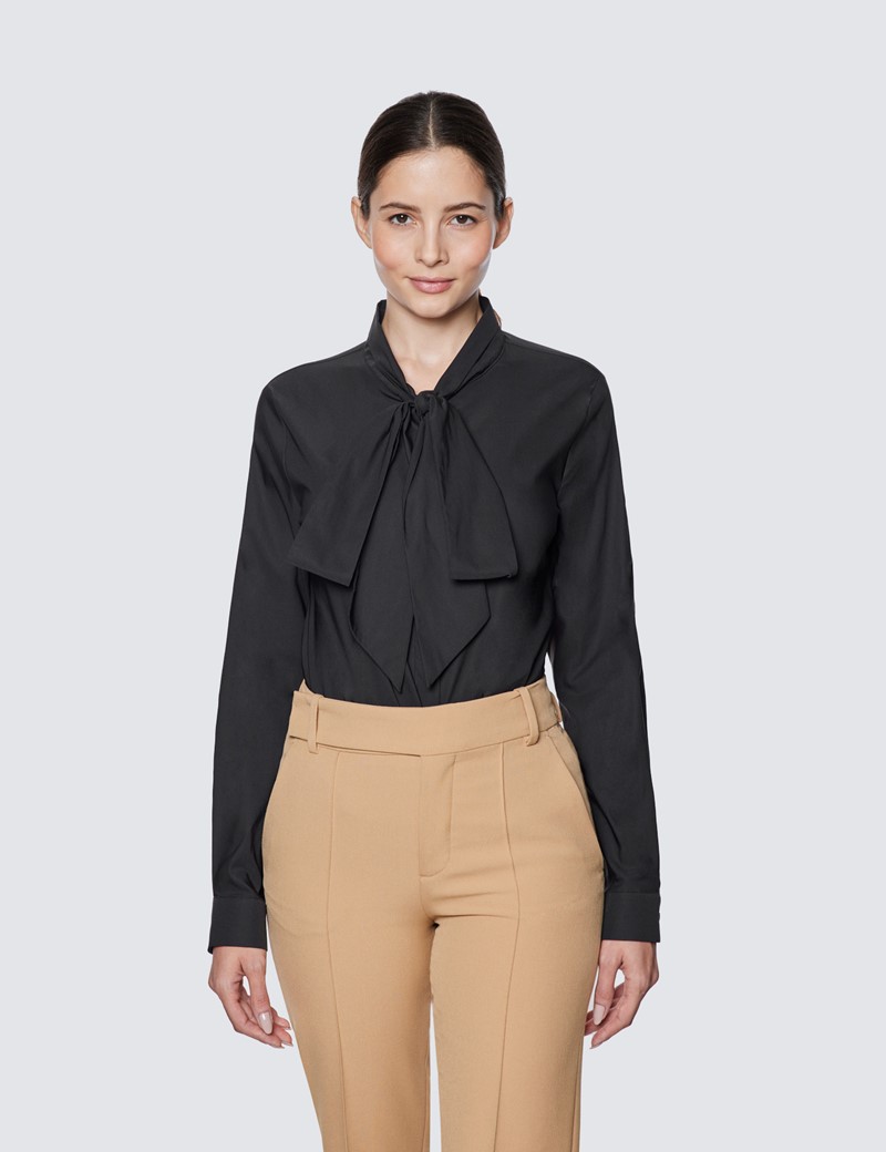 Women's Black Relaxed Fit Luxury Cotton Nylon Shirt With Tie Detail
