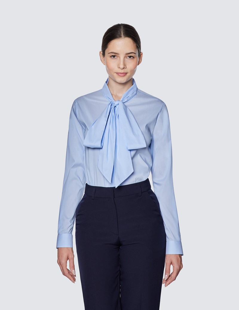 Women's Light Blue Relaxed Fit Luxury Cotton Nylon Shirt With Tie Detail