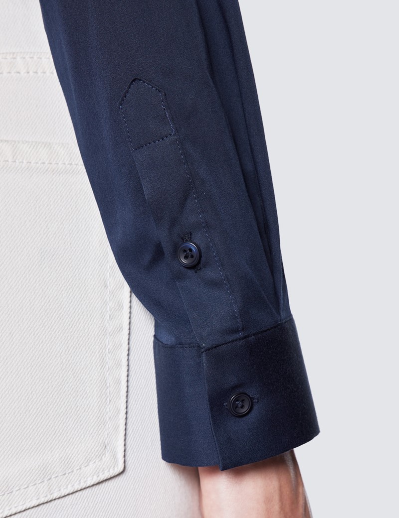 Women's Navy Relaxed Fit Luxury Cotton Nylon Shirt With Tie Detail