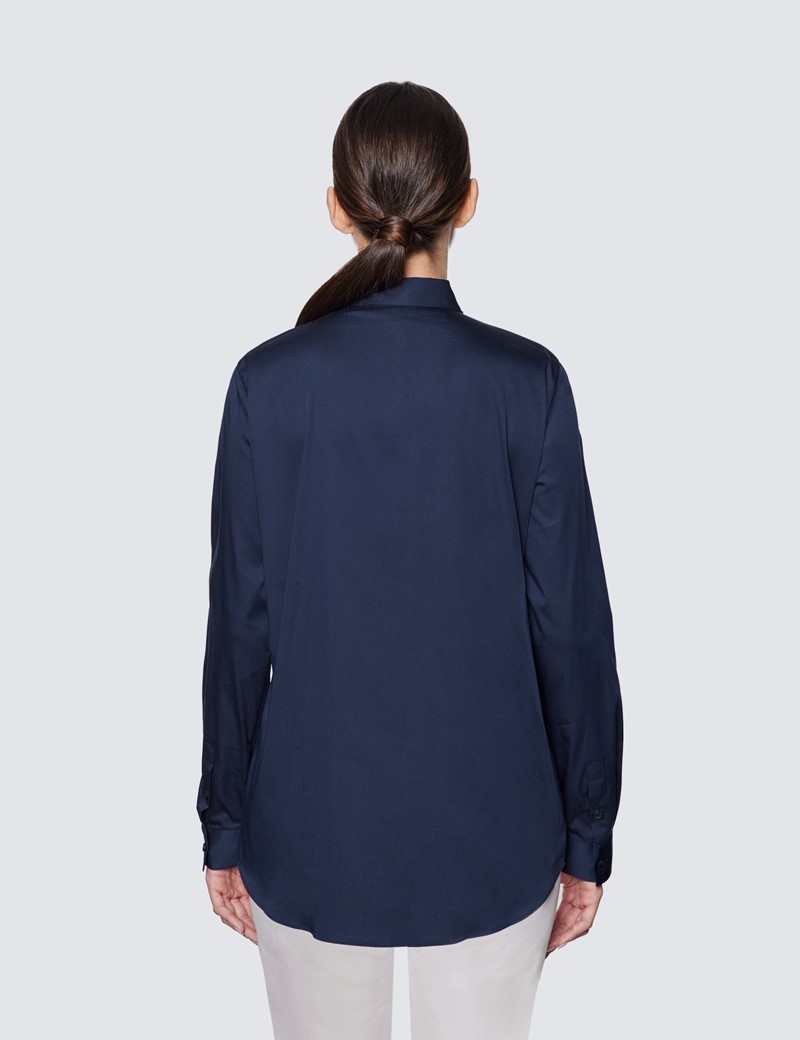Women's Navy Relaxed Fit Luxury Cotton Nylon Shirt With Tie Detail