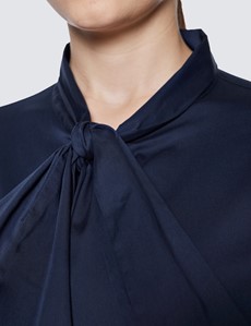 Women's Navy Relaxed Fit Luxury Cotton Nylon Shirt With Tie Detail