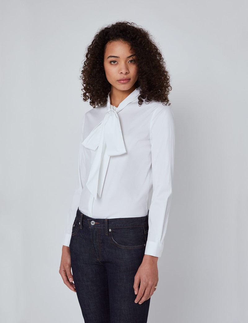Women's White Relaxed Fit Luxury Cotton Nylon Shirt With Tie Detail