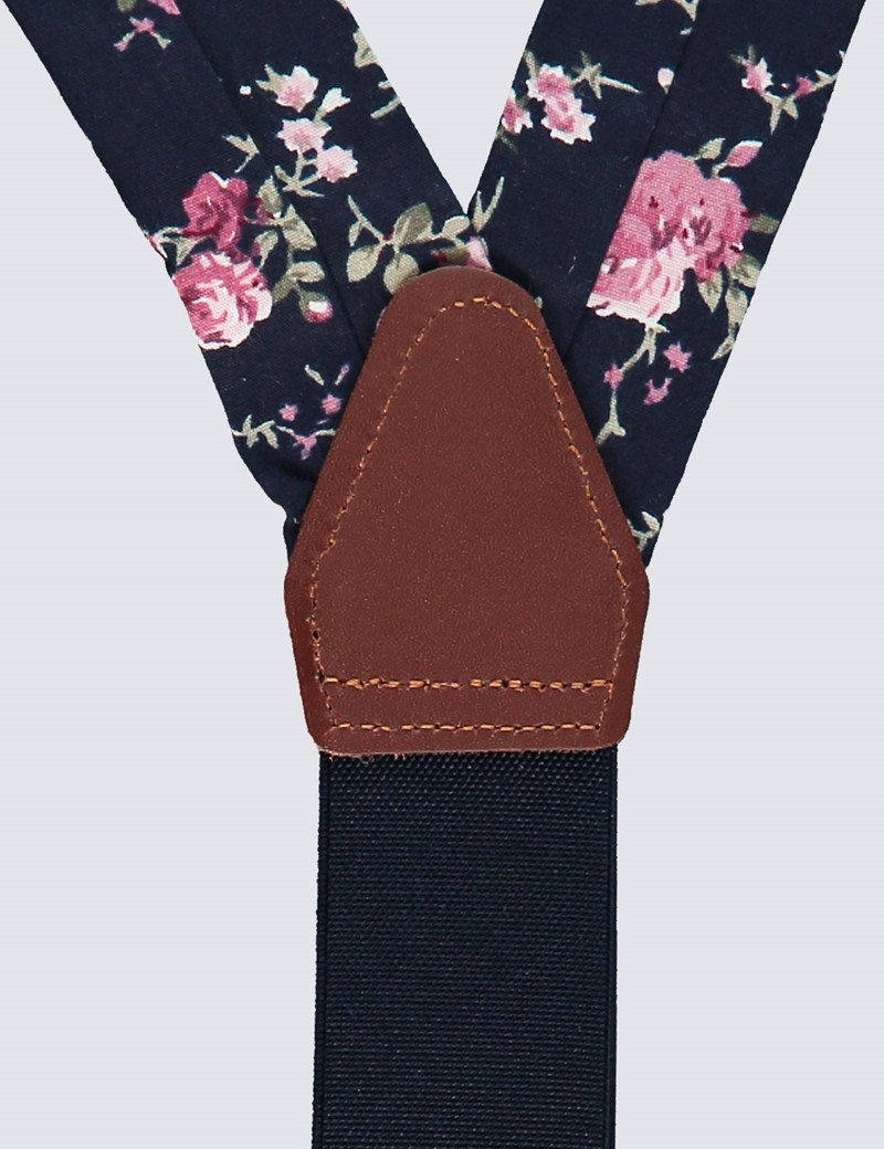 Men's Quality Cotton Navy & Pink Floral Suspenders | Hawes & Curtis