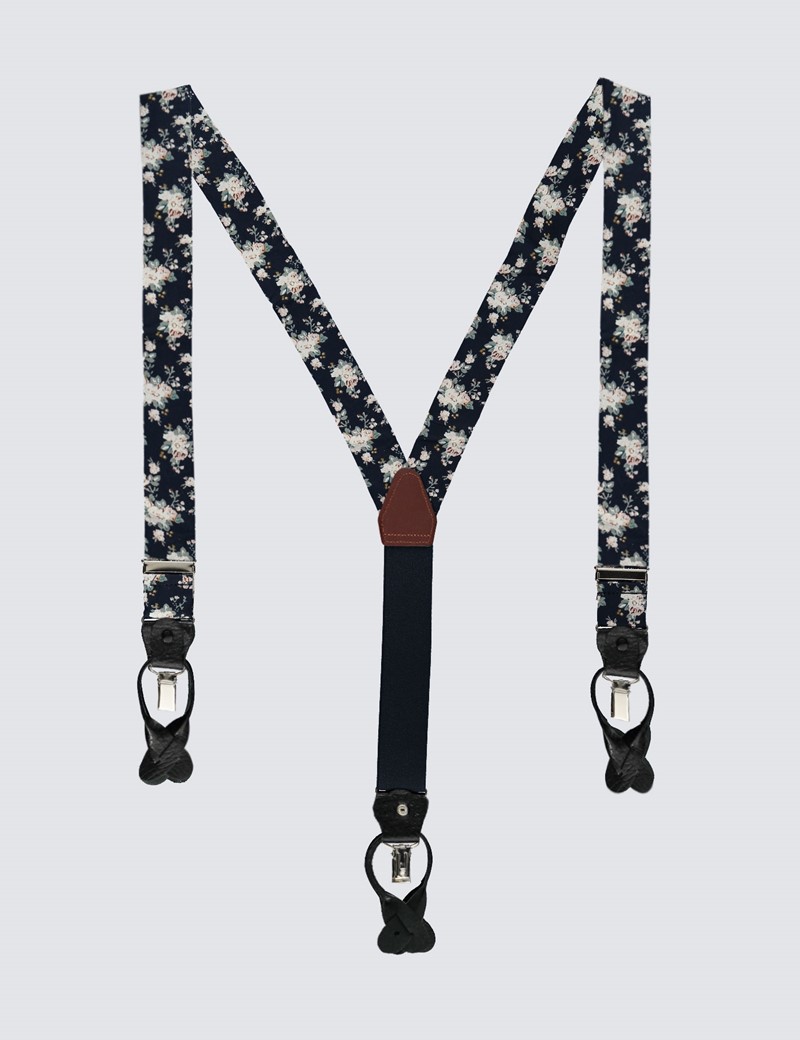 Men's Quality Cotton Navy & White Floral Suspenders Hawes & Curtis