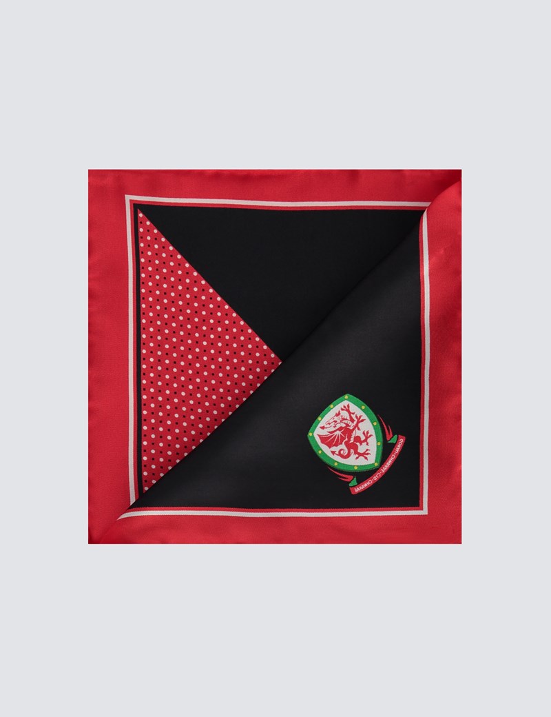  Men's Red, Black & White Wales National Football Pocket Square - 100% Silk