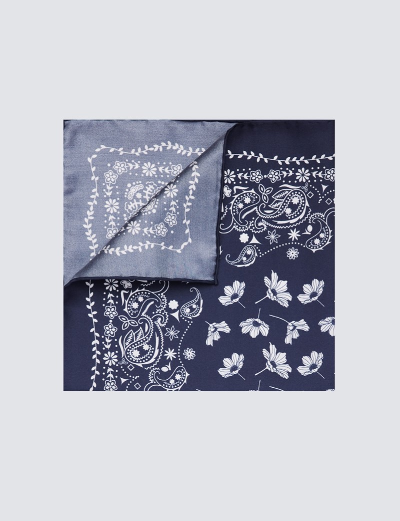Men's Navy & White Floral Paisley Handkerchief  - 100% Silk