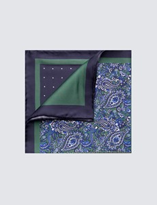 Men's Navy & Green 4 Way Plain Handkerchief  - 100% Silk