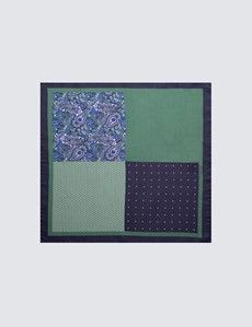 Men's Navy & Green 4 Way Plain Handkerchief  - 100% Silk
