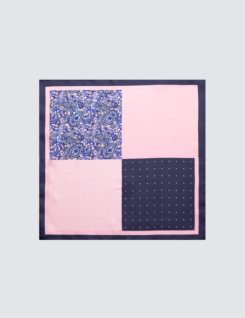 Men's Navy & Light Pink 4 Way Plain Handkerchief  - 100% Silk