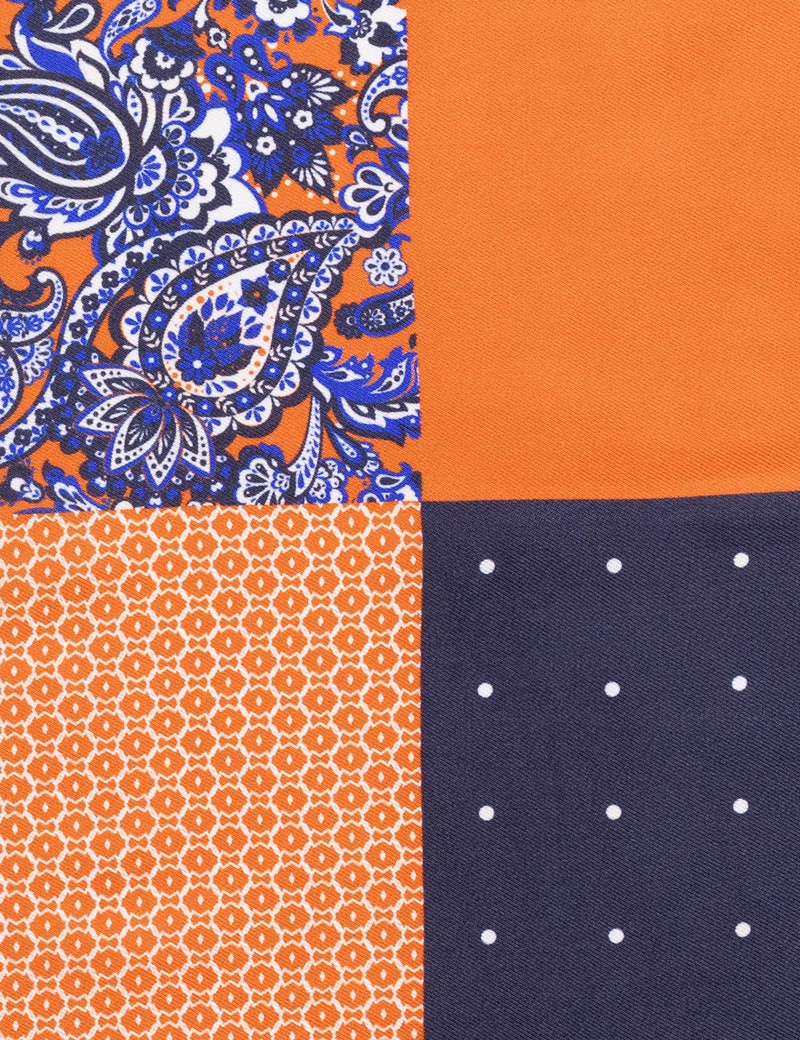 Men's Navy & Orange 4 Way Plain Handkerchief  - 100% Silk
