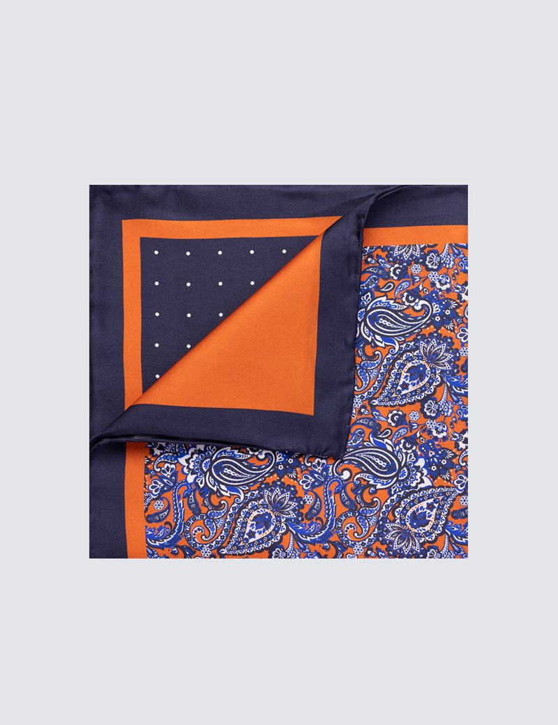 Men's Navy & Orange 4 Way Plain Handkerchief  - 100% Silk