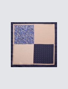 Men's Navy & Brown 4 Way Print Handkerchief  - 100% Silk