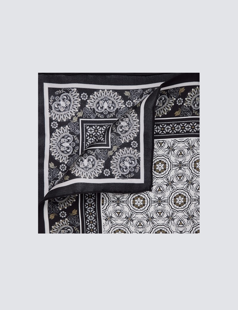 Men's Black & Brown Paisley Print Handkerchief  - 100% Silk