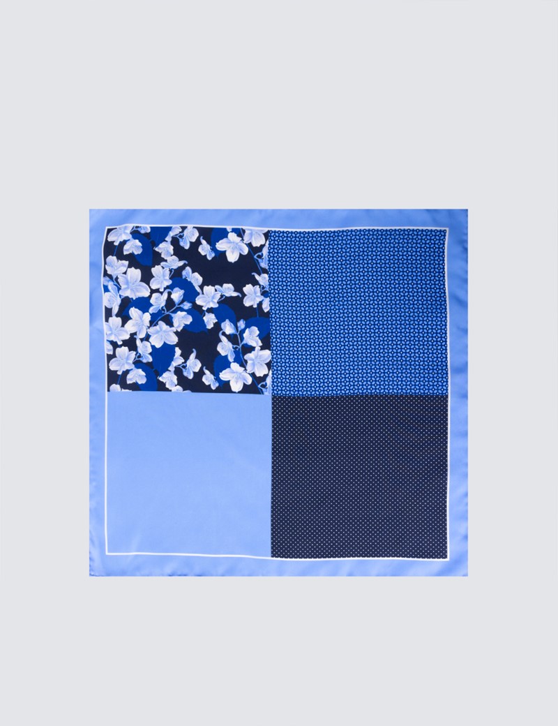 Men's Light Blue 4 Way Floral Print Handkerchief  - 100% Silk