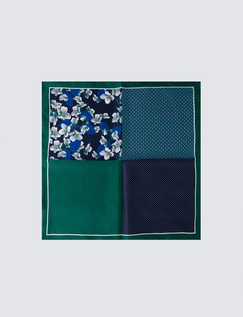 Men's Green 4 Way Floral Print Handkerchief  - 100% Silk