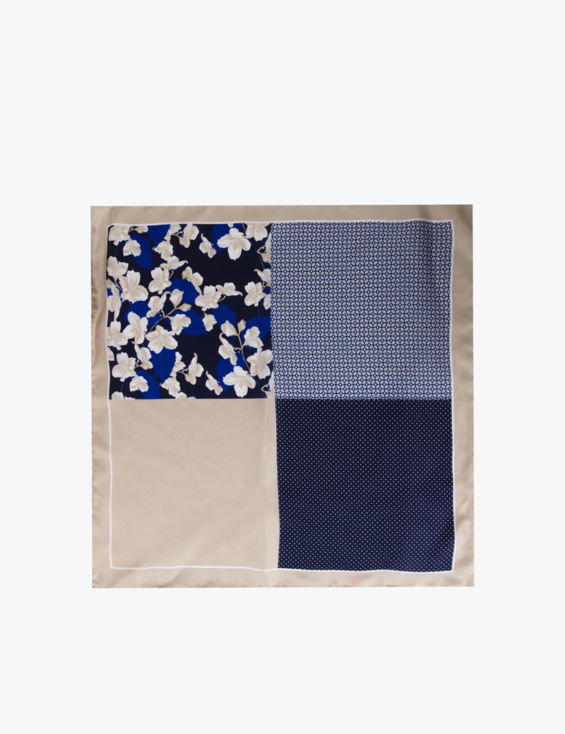 Men's Cream 4 Way Floral Print Handkerchief  - 100% Silk