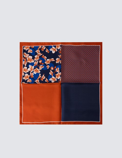 Men's Orange 4 Way Floral Print Handkerchief  - 100% Silk