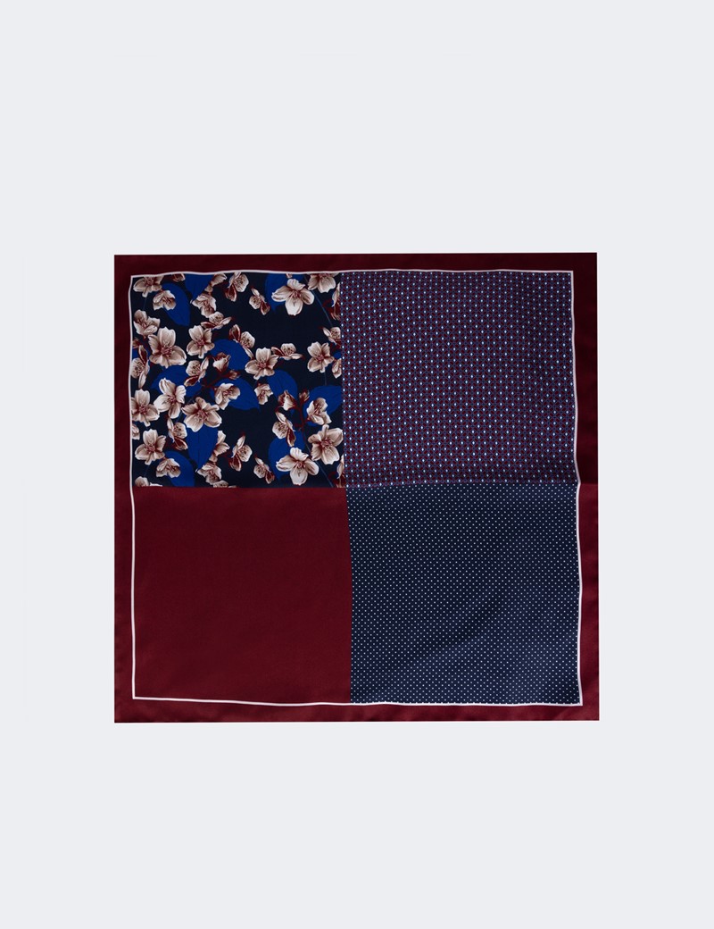Men's Burgundy 4 Way Floral Print Handkerchief  - 100% Silk