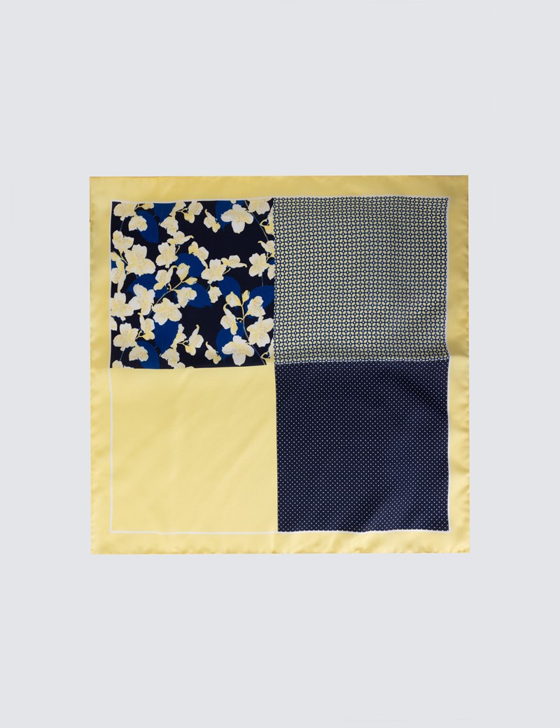 Men's Yellow 4 Way Floral Print Handkerchief  - 100% Silk