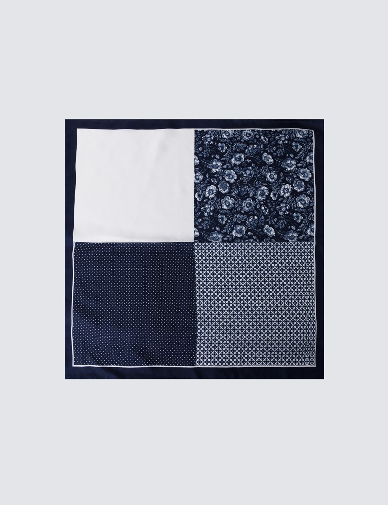 Men's Navy & White 4 Way Floral Print Handkerchief - 100% Silk