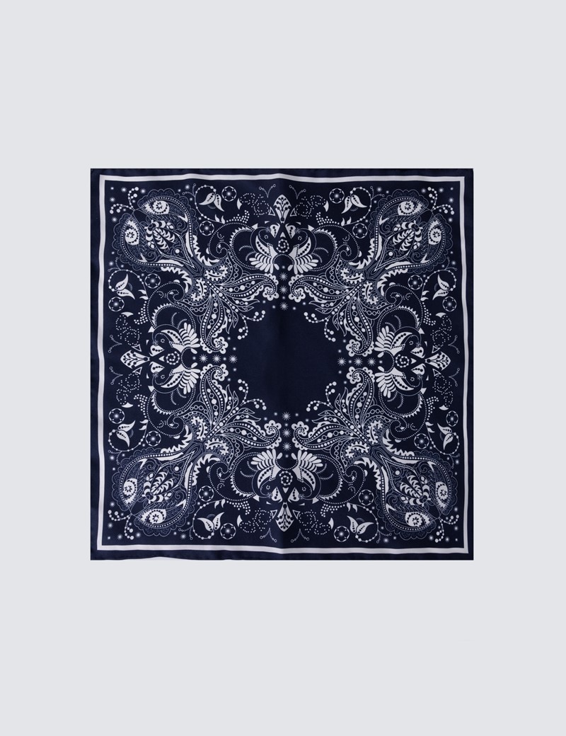 Men's Navy & White Floral Handkerchief  - 100% Silk